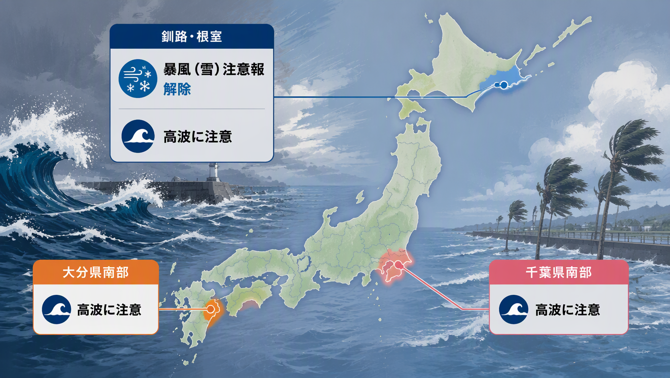 日本多地發布高波注意報 釧路・根室暴風雪注意報解除