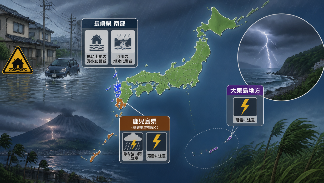 日本多地發布氣象警報:長崎南部防淹水,鹿兒島、大東島注意雷擊與強降雨