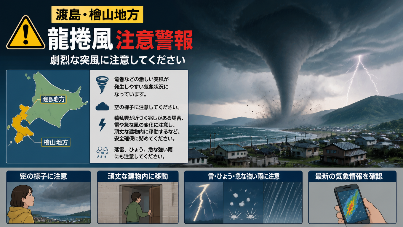 渡島、檜山地方發布龍捲風注意警報 提醒民眾留意劇烈天氣變化