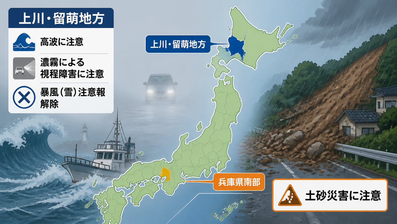 日本上川、留萌地方發布高波濃霧注意報 兵庫縣南部留意土砂災害