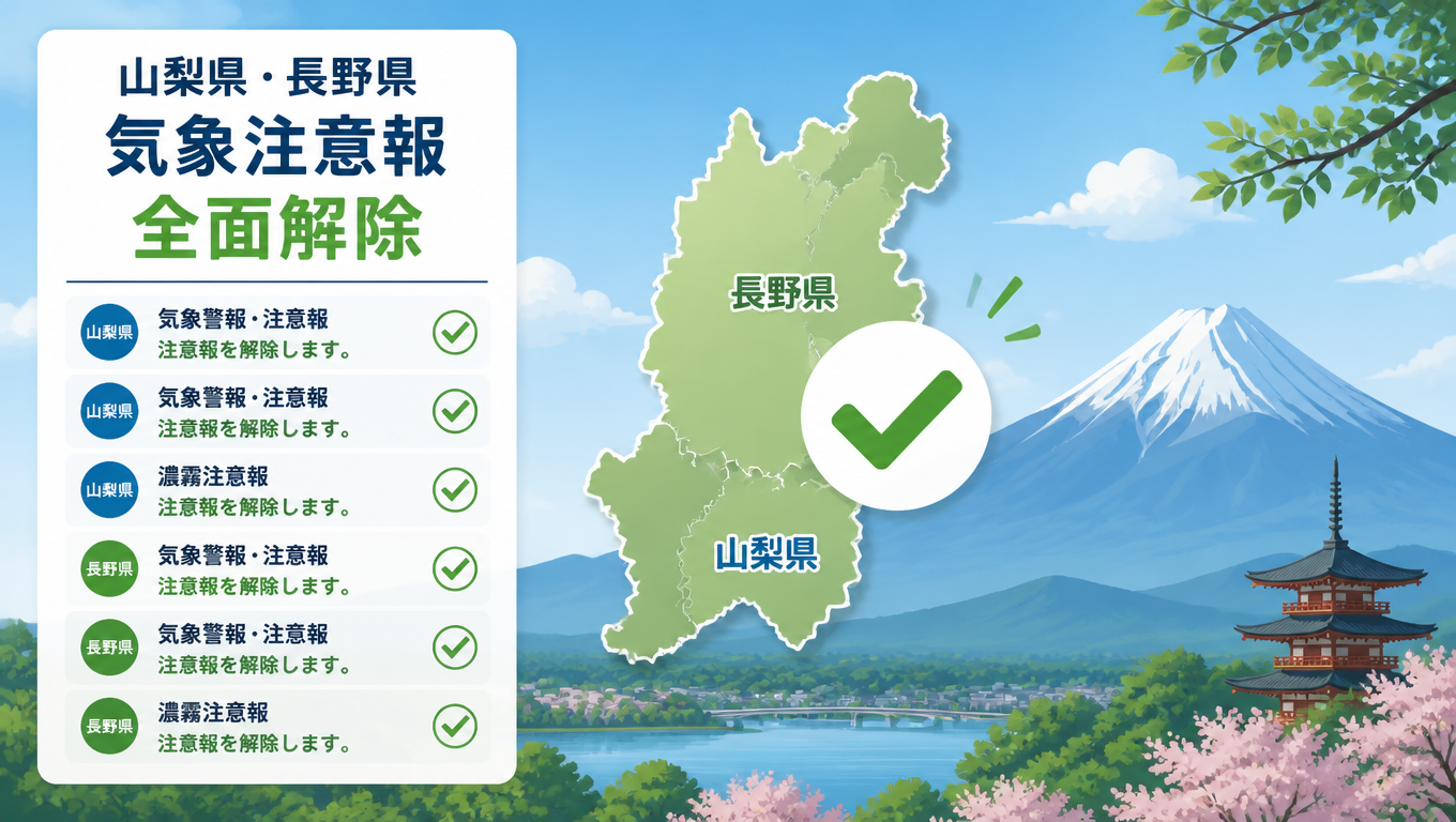 日本山梨縣與長野縣氣象注意報全面解除