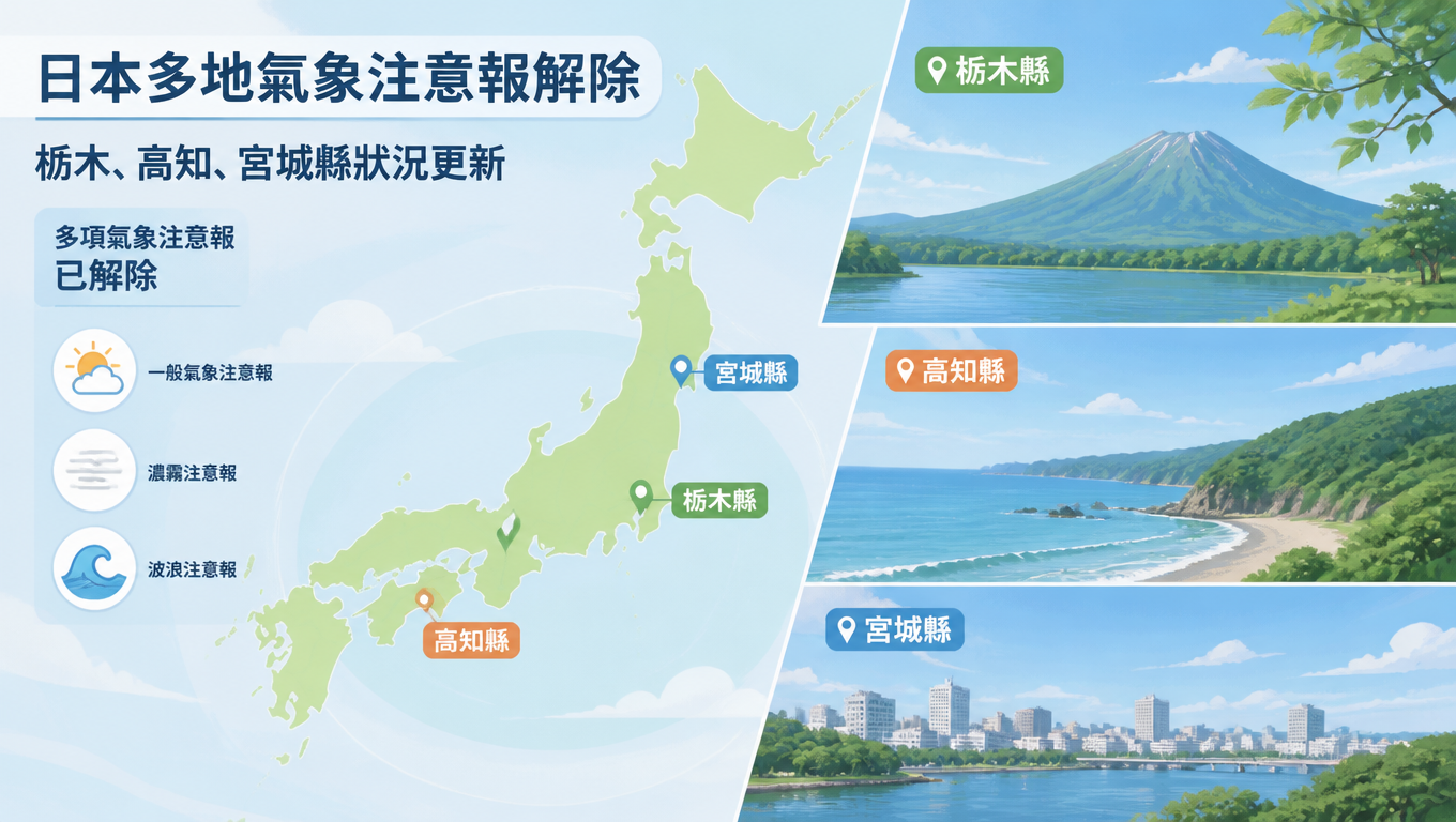 日本多地氣象注意報解除 栃木、高知、宮城縣狀況更新