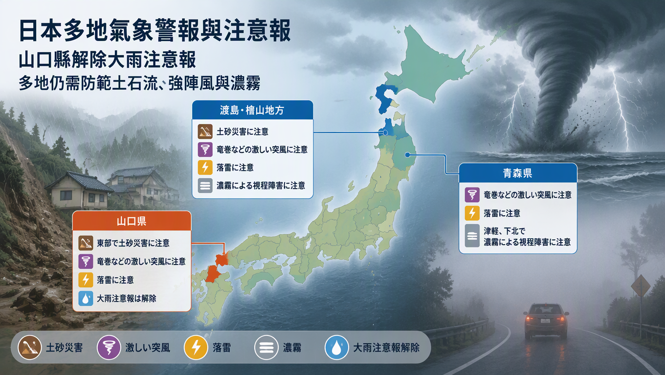 日本多地氣象警報與注意報:山口縣解除大雨注意報,多地仍需防範土石流、強陣風與濃霧