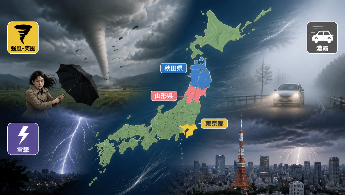 日本多地發布氣象警報：山形、秋田、東京留意強風、雷擊與濃霧