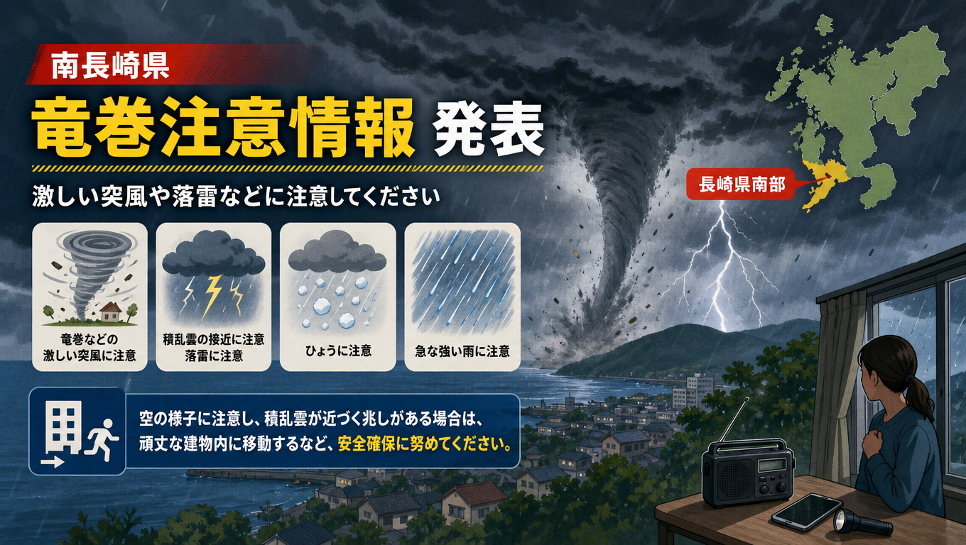 南長崎縣發布龍捲風注意資訊 提醒民眾留意劇烈陣風與惡劣天氣