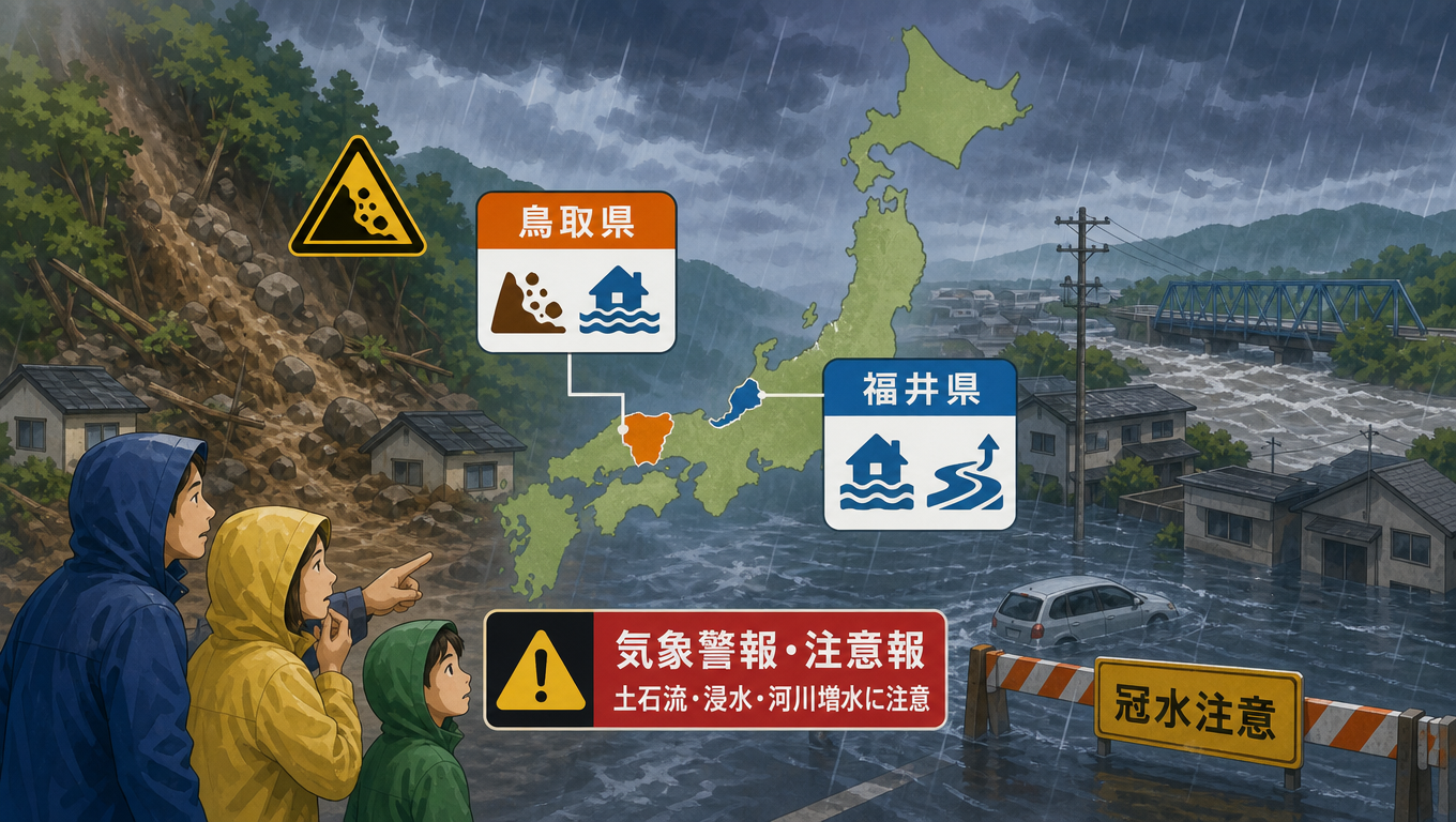 日本鳥取、福井兩縣發布氣象警報，提醒民眾注意土石流與淹水
