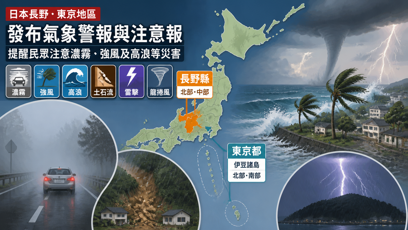 日本長野與東京地區發布氣象警報與注意報，提醒民眾注意濃霧、強風及高浪等災害