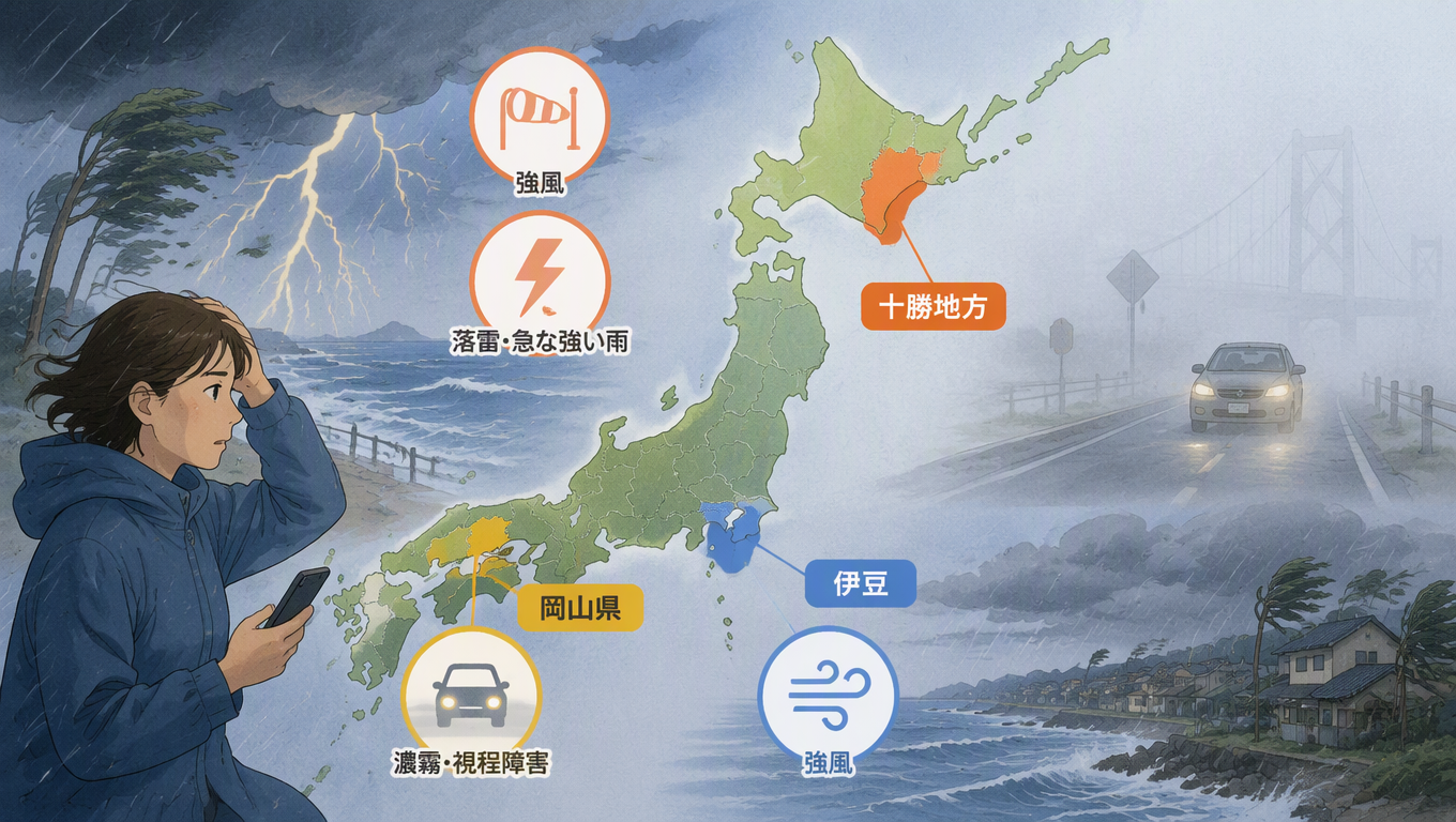 日本多地發布氣象警報與注意報,提醒民眾留意強風、濃霧及雷雨