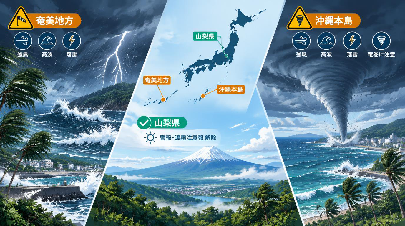 日本氣象部門更新警報：奄美、沖繩本島嚴防強風高浪，山梨縣警報解除