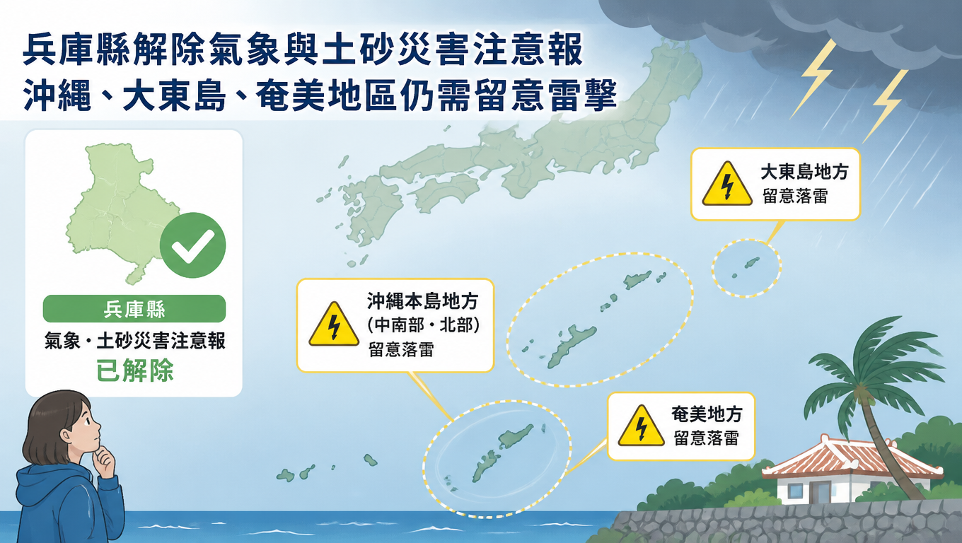兵庫縣解除氣象與土砂災害注意報 沖繩、大東島、奄美地區仍需留意雷擊