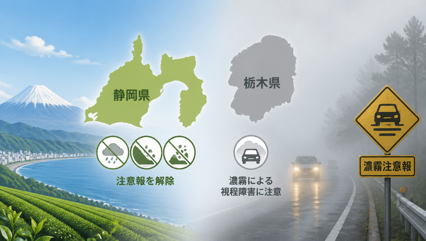 靜岡縣解除多項氣象注意報 栃木縣發布濃霧警示