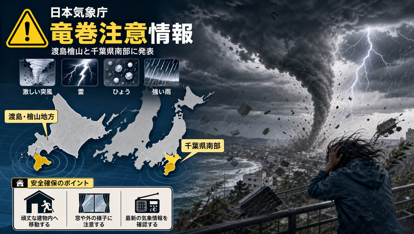 日本氣象廳發布龍捲風注意情報 涵蓋渡島檜山與千葉縣南部