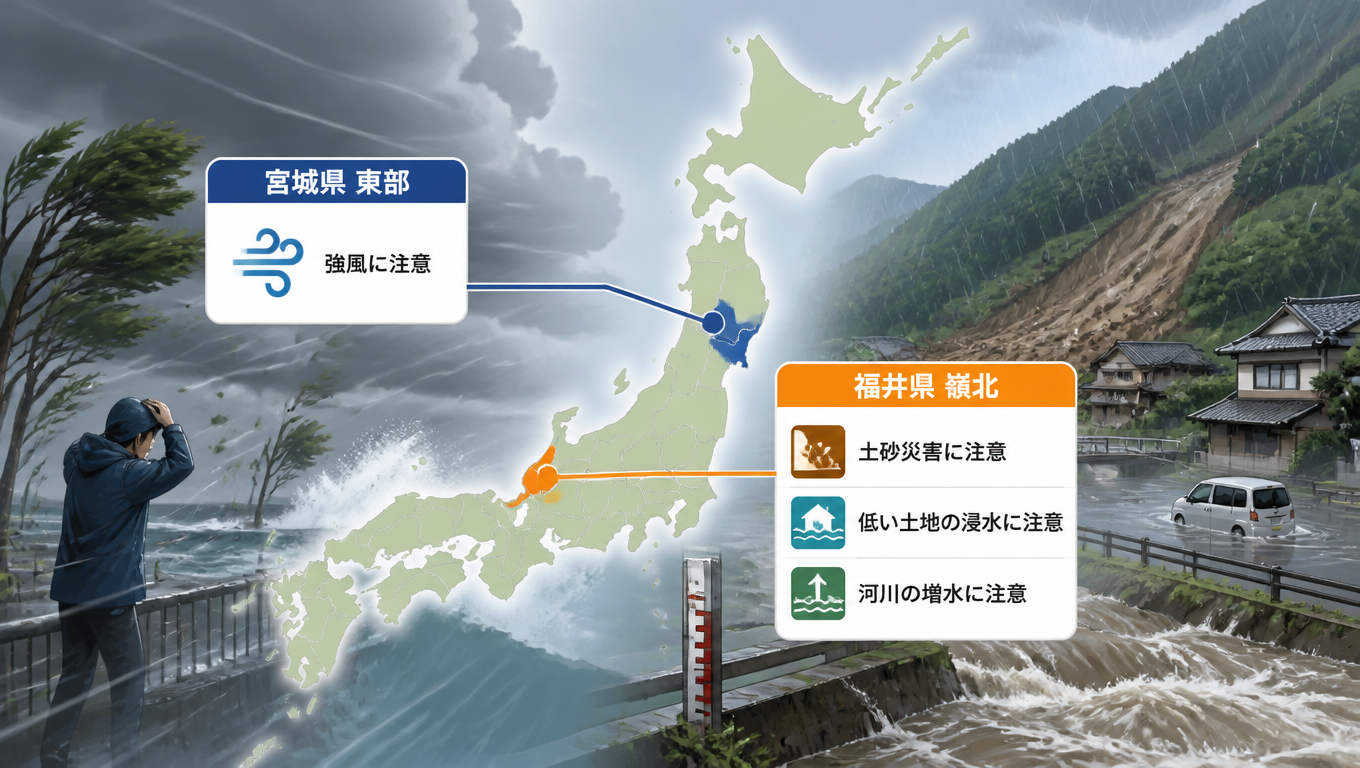 日本宮城縣東部發布強風注意報 福井縣嶺北留意土砂災害與積水