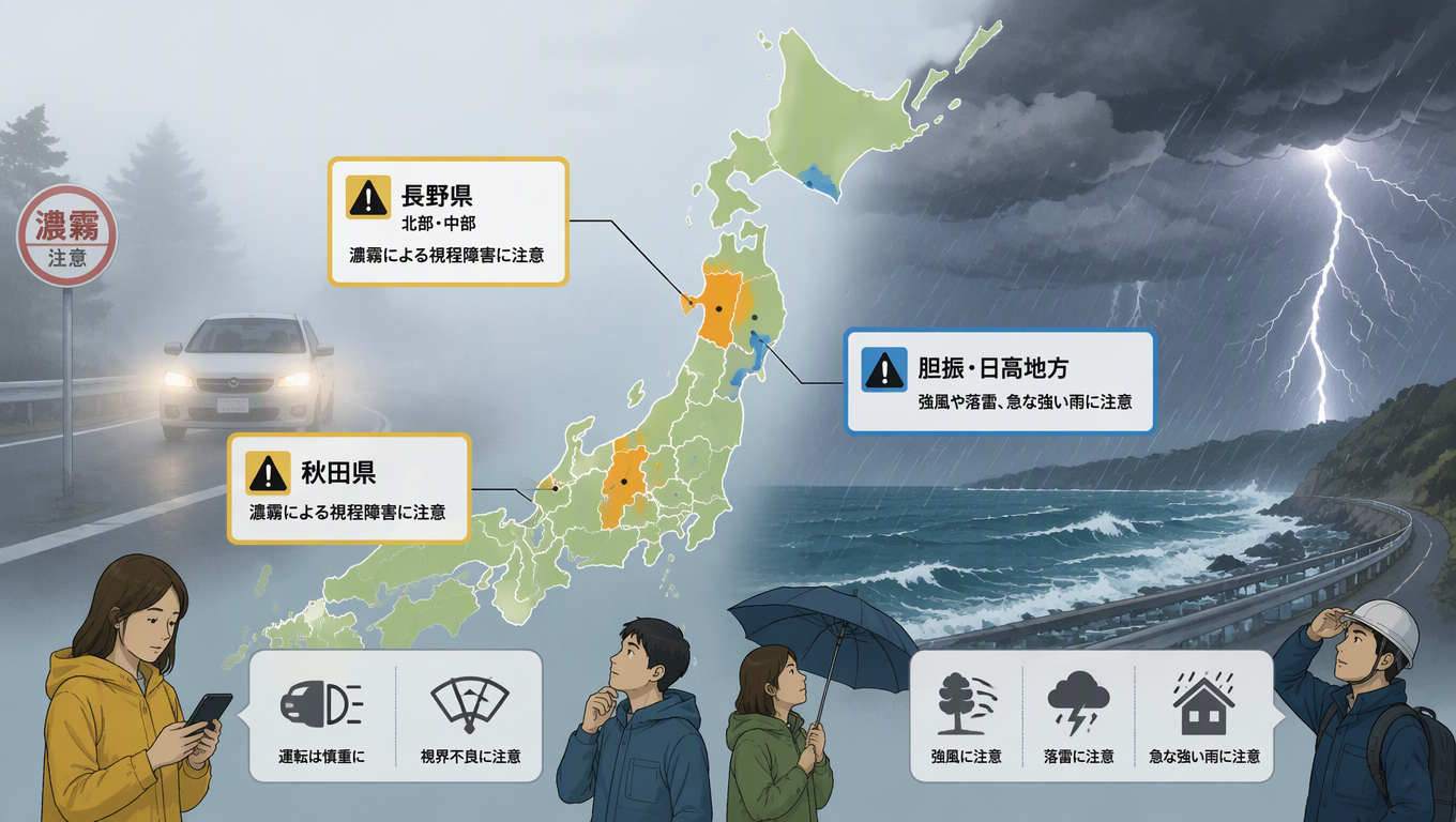 日本多地發布氣象警報與注意報:濃霧、強風、雷雨需留意
