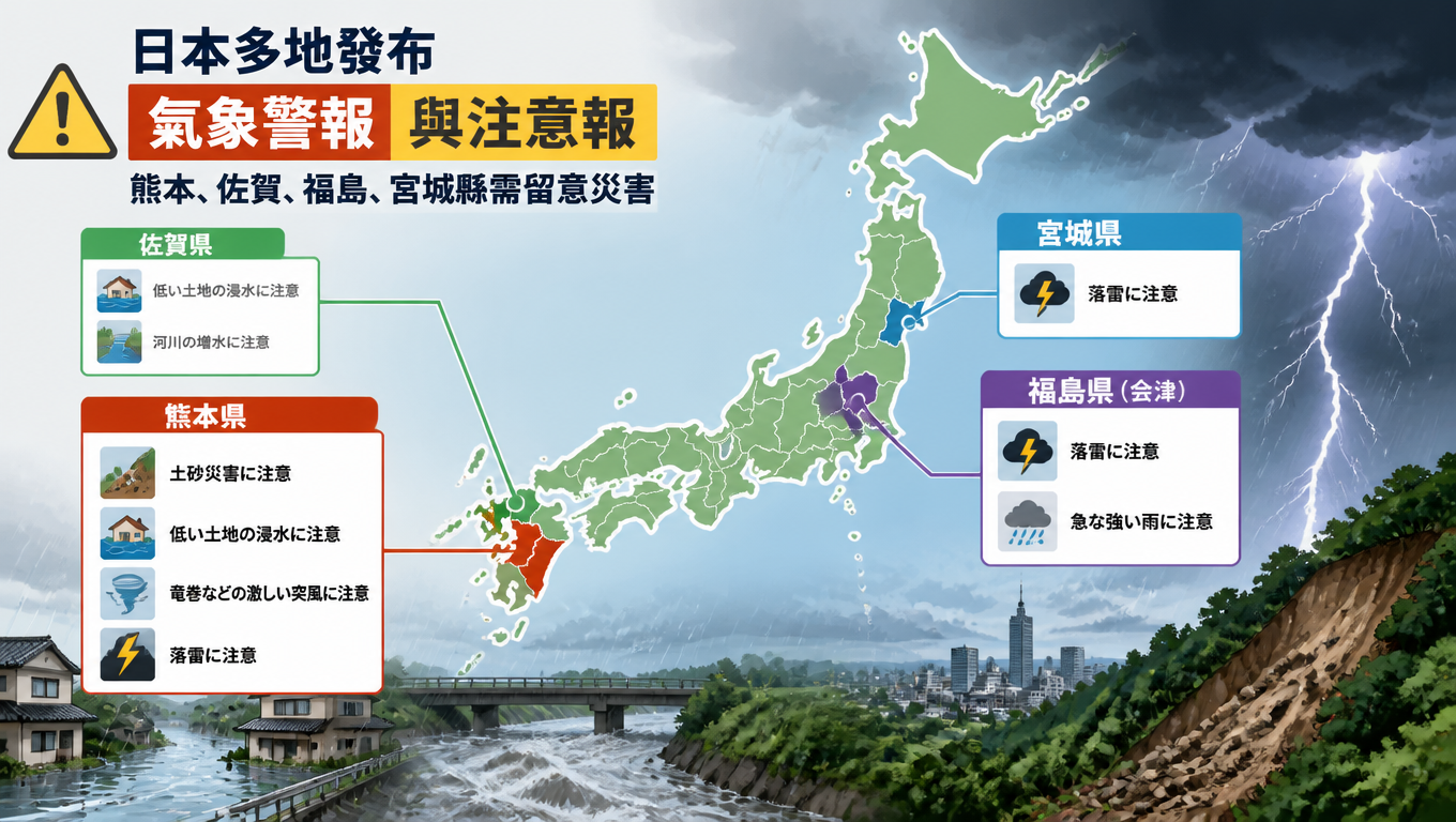 日本多地發布氣象警報與注意報 熊本、佐賀、福島、宮城縣需留意災害