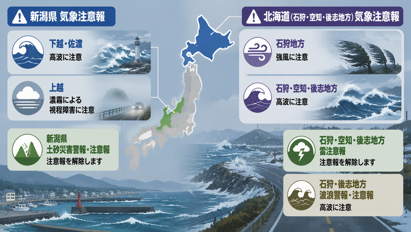 日本氣象注意報:新潟縣與北海道部分地區留意高波、強風及濃霧