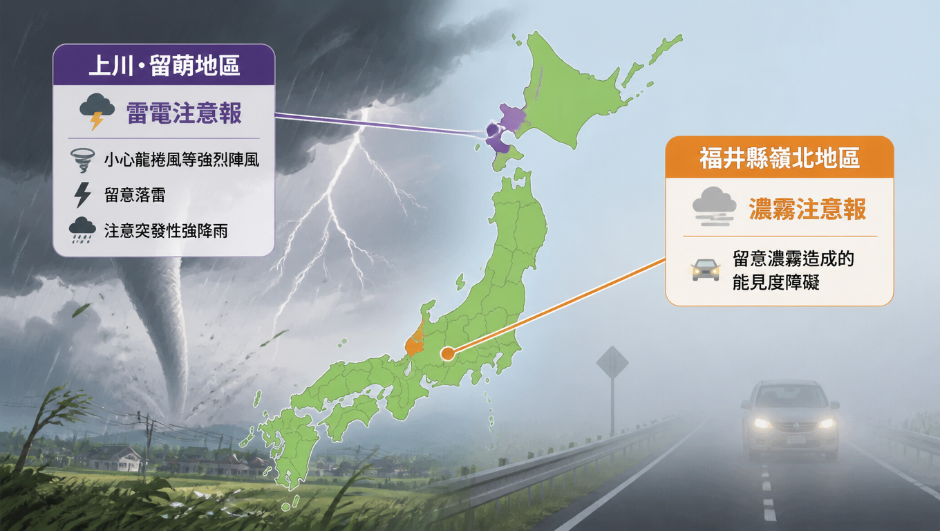 日本多地發布氣象警報 上川・留萌地區防強風雷雨 福井縣嶺北留意濃霧