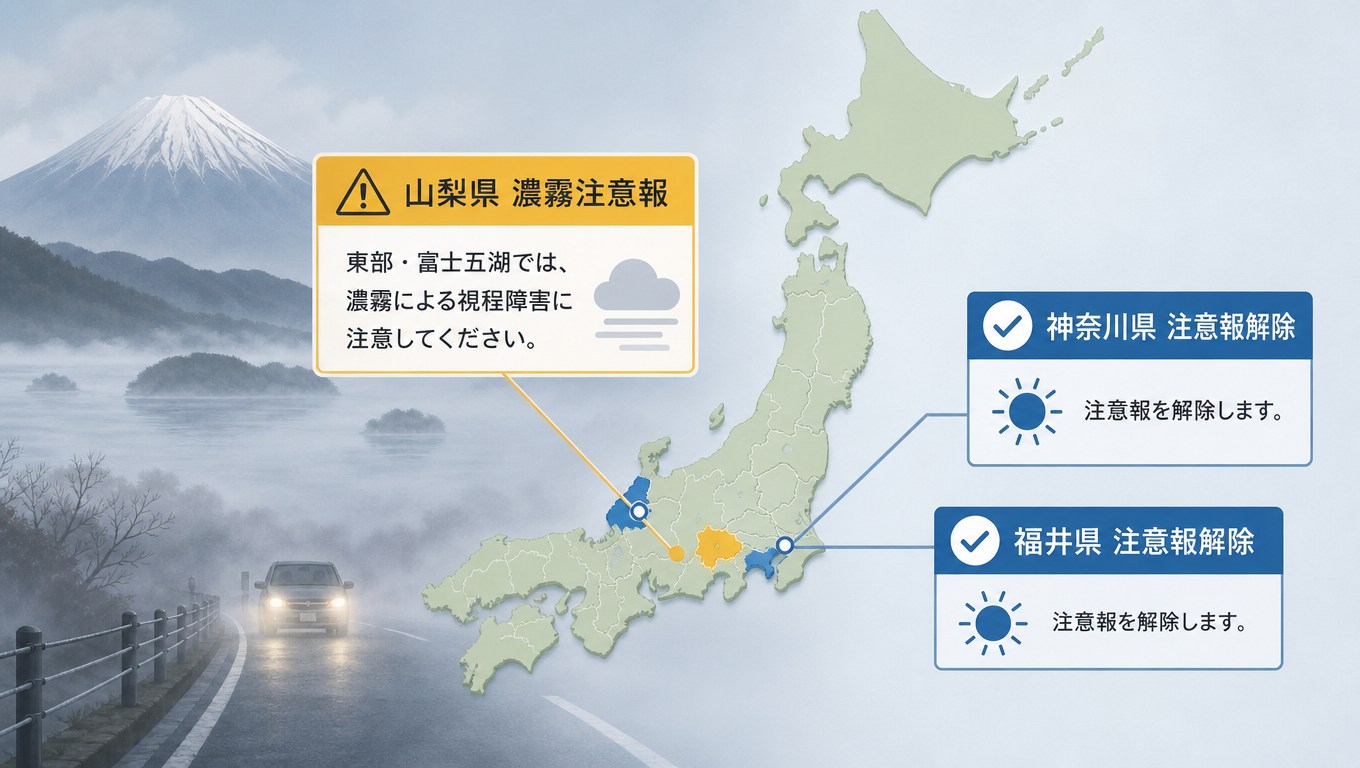 日本氣象廳發布最新警報：山梨縣濃霧注意報持續，神奈川、福井縣注意報解除