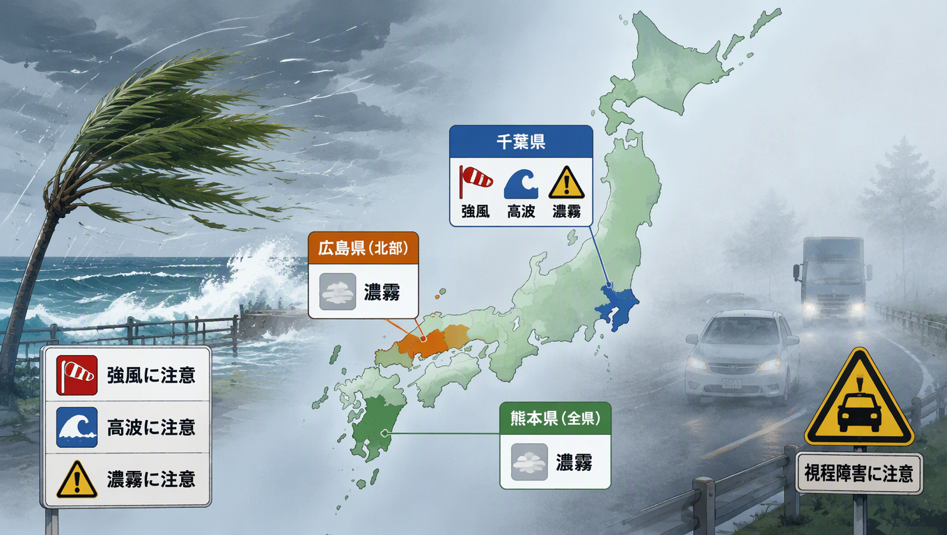 日本多地發布氣象警報 千葉、廣島、熊本需留意強風濃霧高波