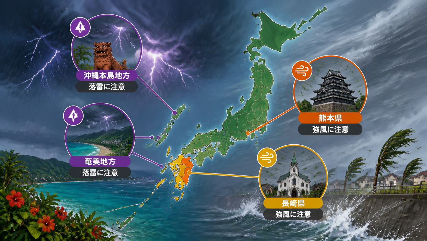 日本多地發布氣象警報 沖繩、奄美留意落雷 熊本、長崎慎防強風