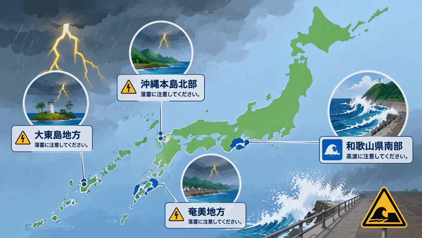 日本多地發布氣象警報 大東島、沖繩本島北部、奄美地方留意雷擊 和歌山南部防範高浪