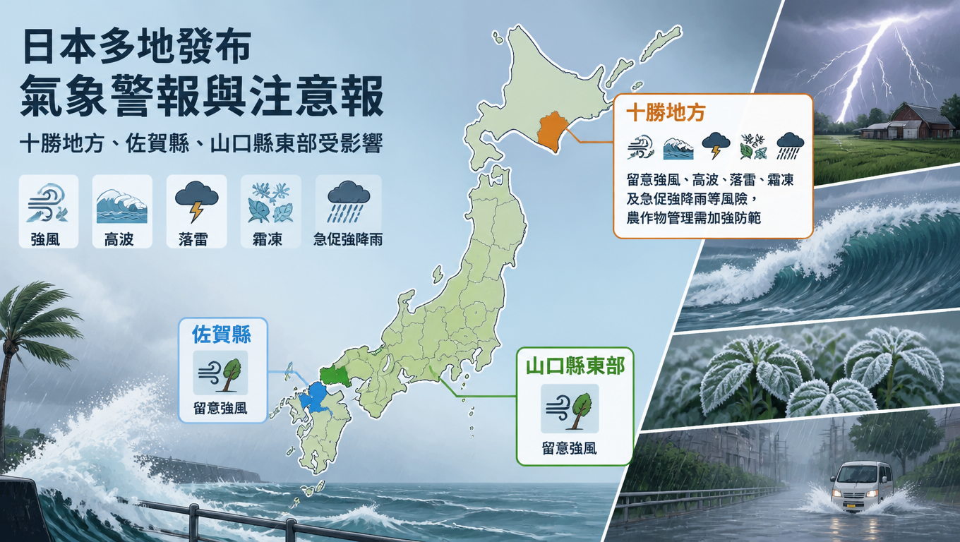 日本多地發布氣象警報與注意報:十勝地方、佐賀縣、山口縣東部受影響