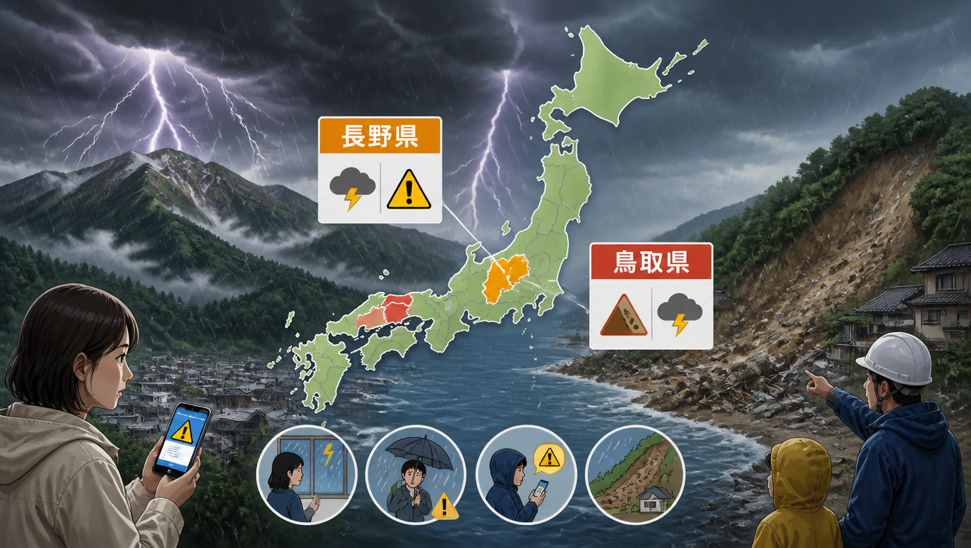 日本長野、鳥取兩縣發布氣象警報與注意報 提醒民眾注意雷擊與土石災害