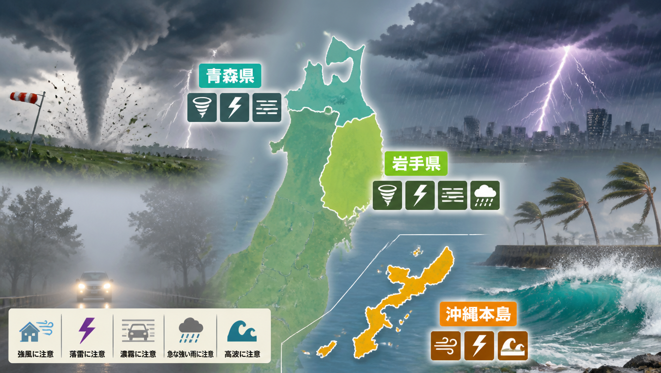 日本多地發布氣象警報：岩手、青森、沖繩本島需防強風、雷擊與濃霧