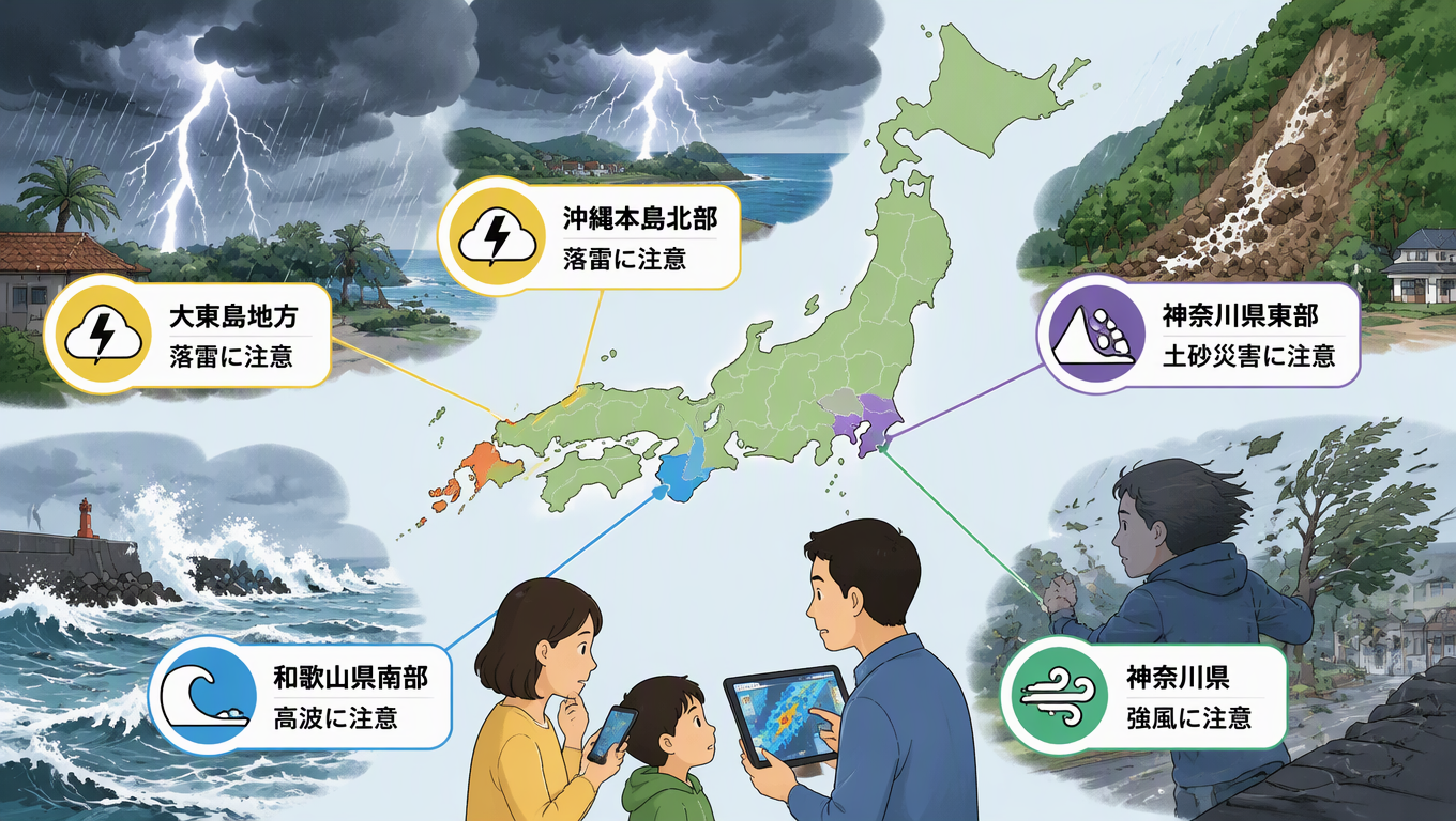 日本多地發布氣象警報與注意報 提醒民眾留意落雷、高波、土砂災害及強風