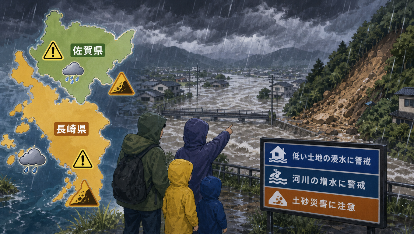 日本長崎縣與佐賀縣發布氣象警報 警戒低窪淹水及土石流