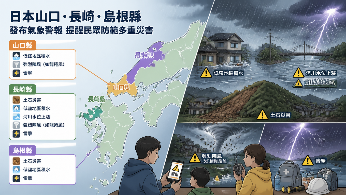 日本山口、長崎、島根縣發布氣象警報 提醒民眾防範多重災害