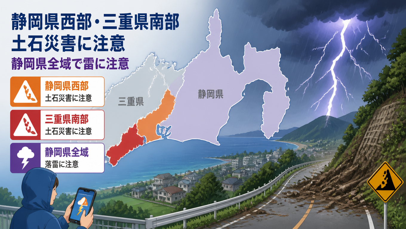 日本靜岡縣西部與三重縣南部發布土石災害注意報 靜岡縣全境留意雷擊