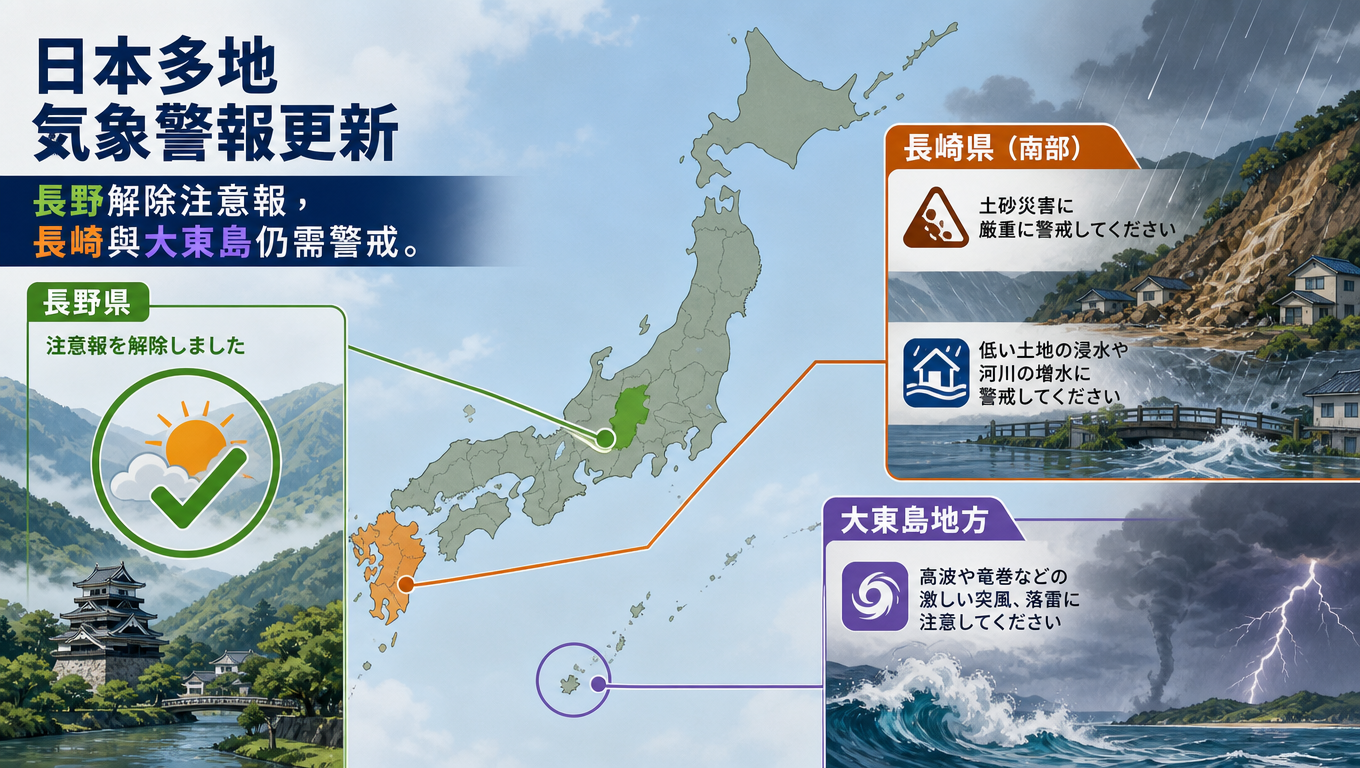 日本多地氣象警報更新：長野解除注意報，長崎與大東島仍需警戒