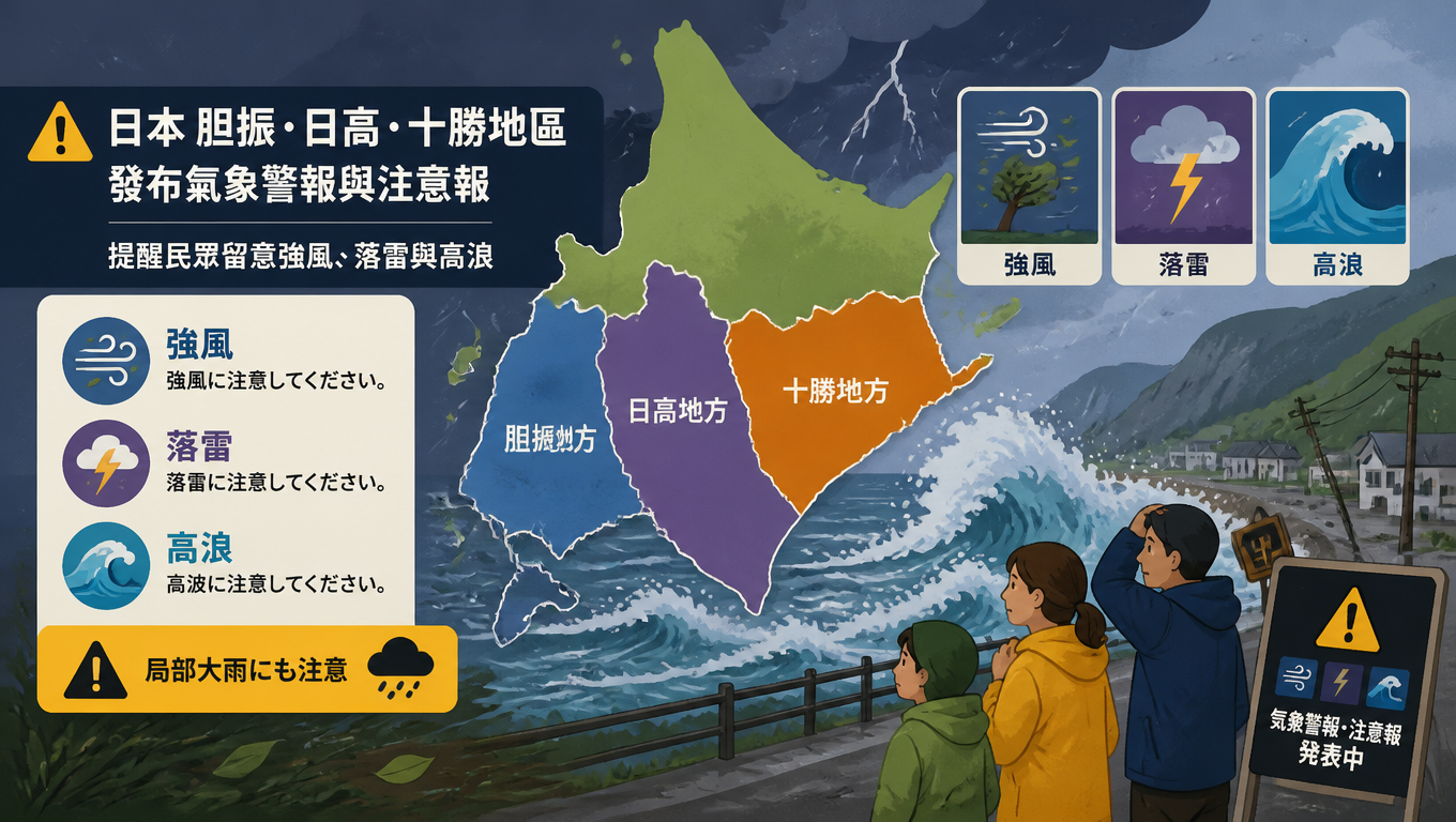 日本膽振、日高、十勝地區發布氣象警報與注意報 提醒民眾留意強風、落雷與高浪