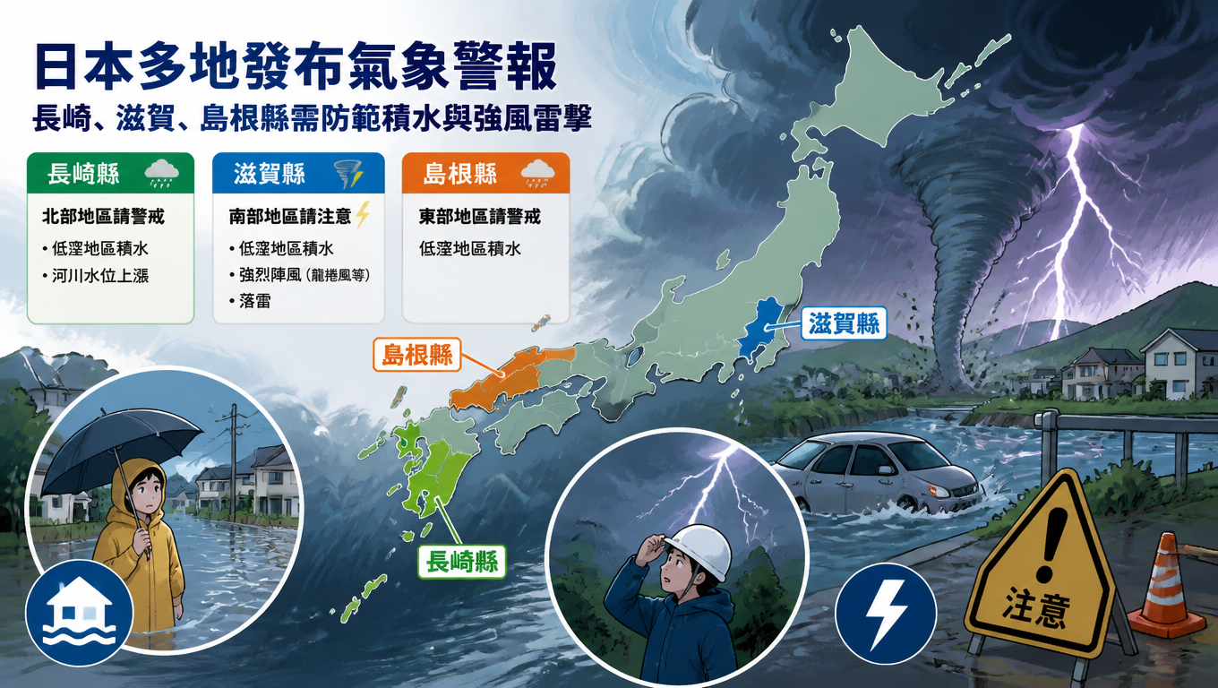 日本多地發布氣象警報 長崎、滋賀、島根縣需防範積水與強風雷擊