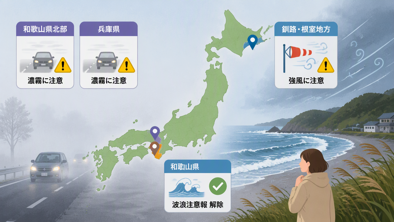 日本多地發布濃霧與強風注意報 和歌山波浪注意報解除