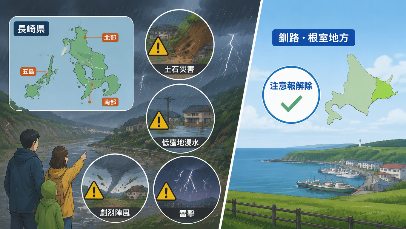 日本長崎縣發布氣象警報 提醒民眾注意土石災害與劇烈陣風