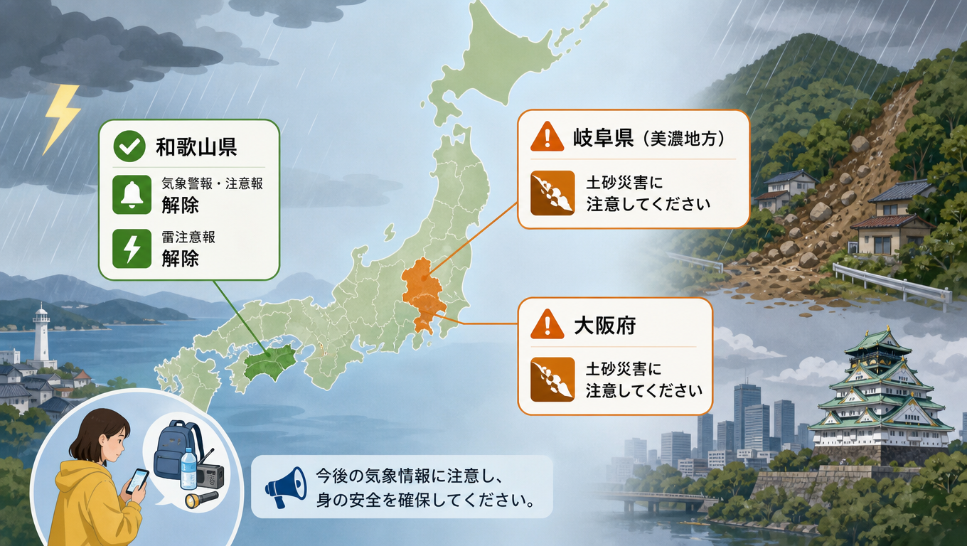 日本多地氣象狀況更新:和歌山警報解除,岐阜、大阪續發土砂災害注意報