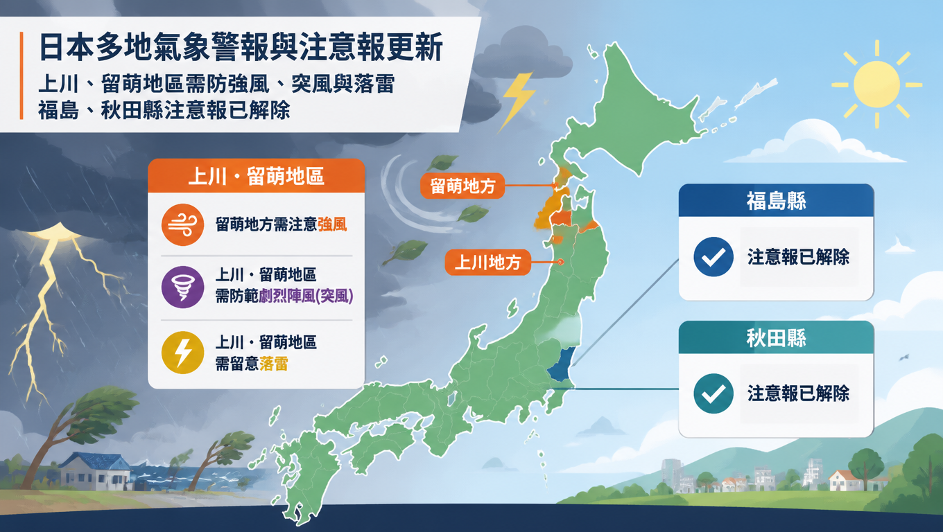 日本多地氣象警報與注意報更新:上川、留萌地區需防強風、突風與落雷,福島、秋田縣注意報已解除
