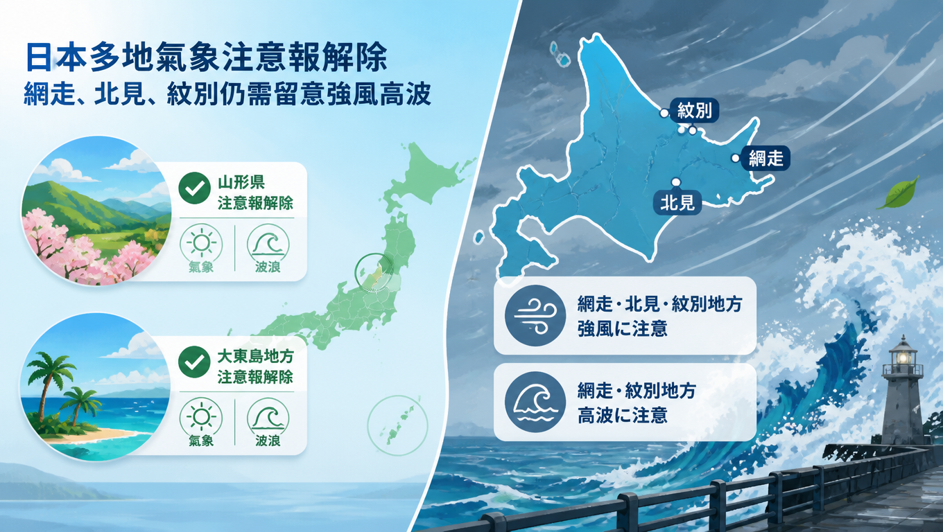 日本多地氣象注意報解除 網走、北見、紋別仍需留意強風高波