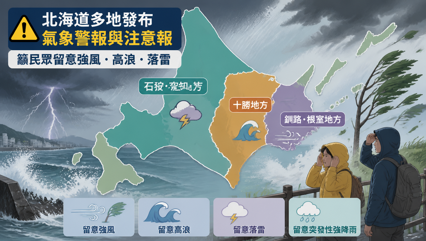 北海道多地發布氣象警報與注意報 籲民眾留意強風高浪落雷