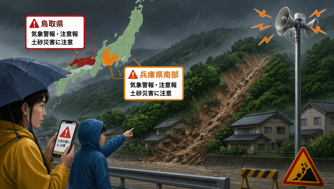 鳥取縣與兵庫縣南部發布氣象警報 提醒民眾留意土砂災害
