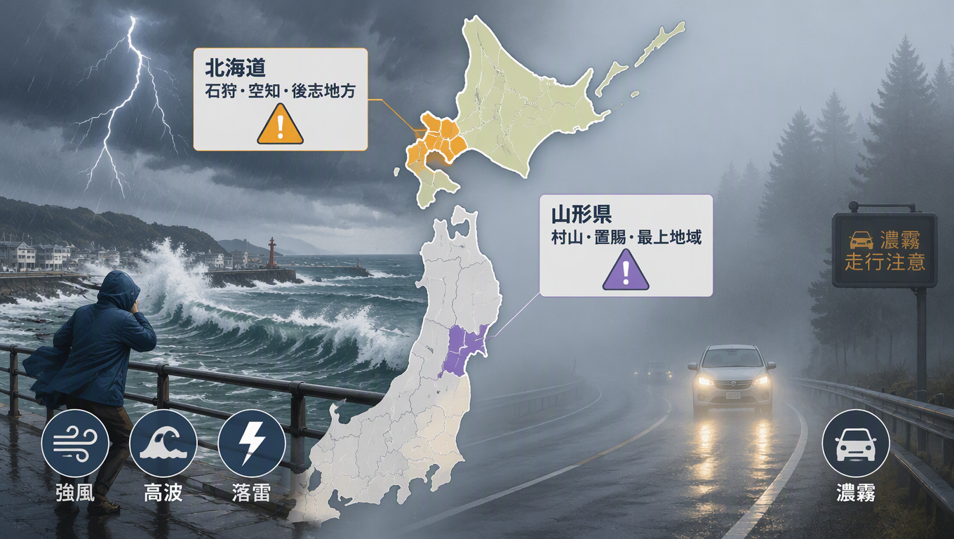 日本多地發布氣象警報 北海道與山形縣需留意強風、高波及濃霧