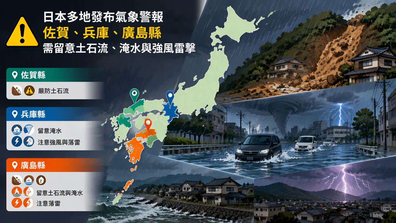日本多地發布氣象警報 佐賀、兵庫、廣島縣需留意土石流、淹水與強風雷擊