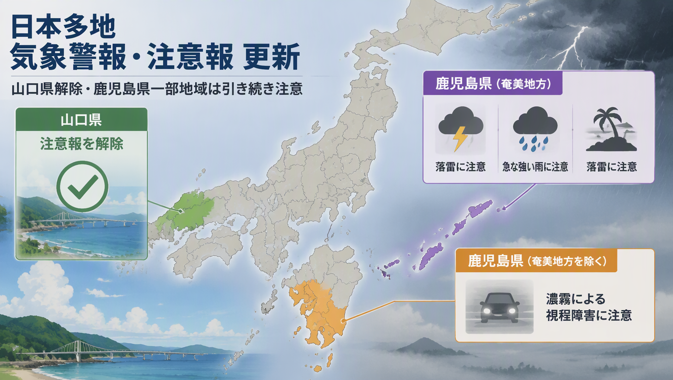 日本多地氣象警報與注意報更新：山口縣解除，鹿兒島縣部分地區仍需留意