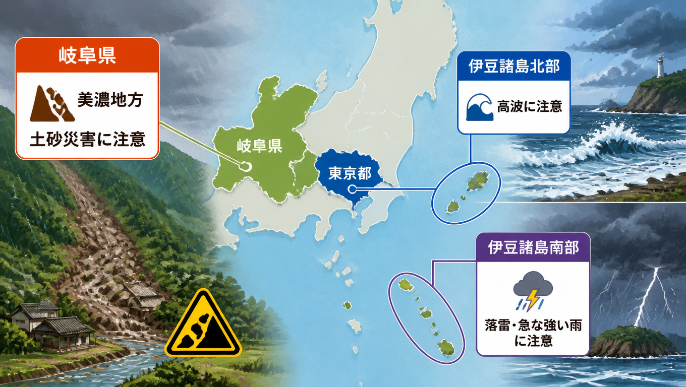 岐阜與東京發布氣象警報 美濃地區防土石流 伊豆群島戒備長浪及落雷