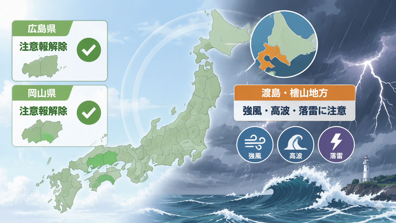日本廣島、岡山縣解除氣象注意報 渡島、檜山地區仍需留意強風高波落雷