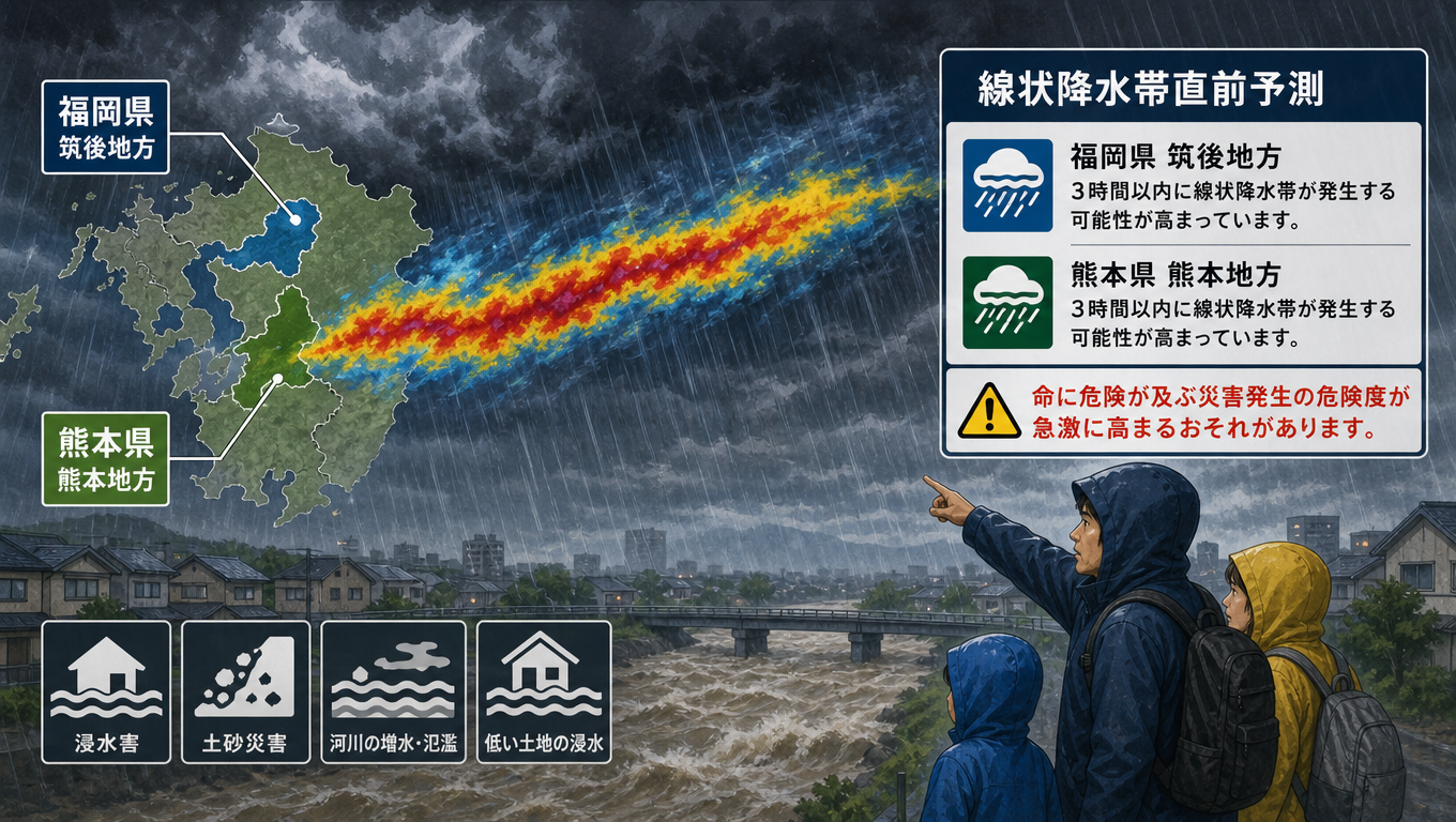 日本福岡、熊本兩縣發布線狀降水帶預測 警示未來三小時內恐有致災性豪雨