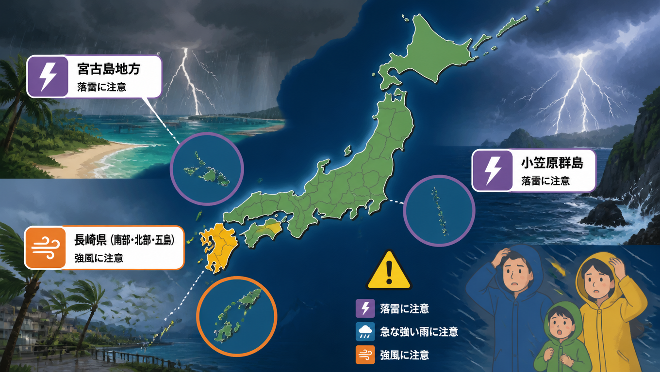 日本多地發布氣象警報：宮古島、小笠原群島注意雷擊，長崎縣留意強風