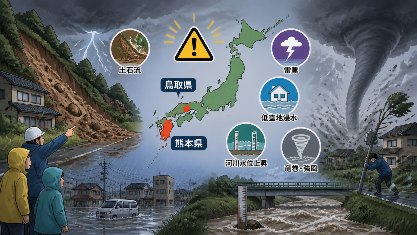 日本鳥取、熊本兩縣發布氣象警報 提醒民眾注意土石流與強風雷擊